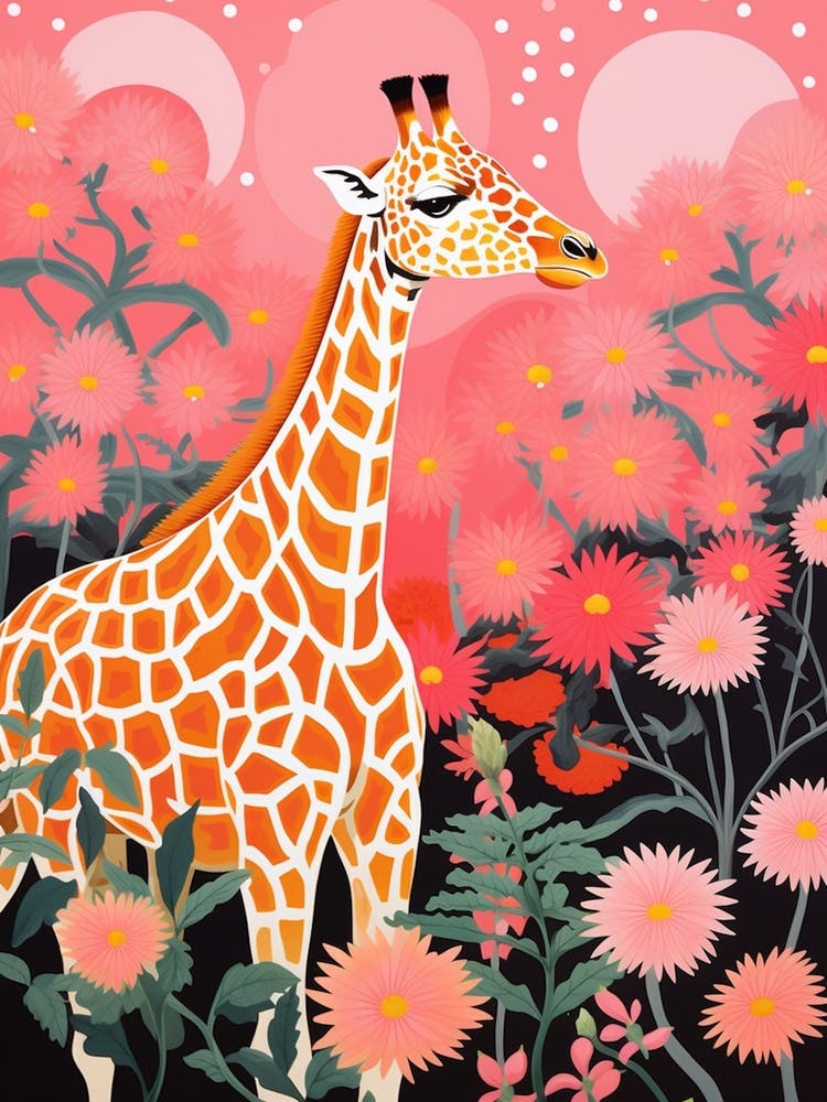 Giraffe In The Flowers Pink Tones 1