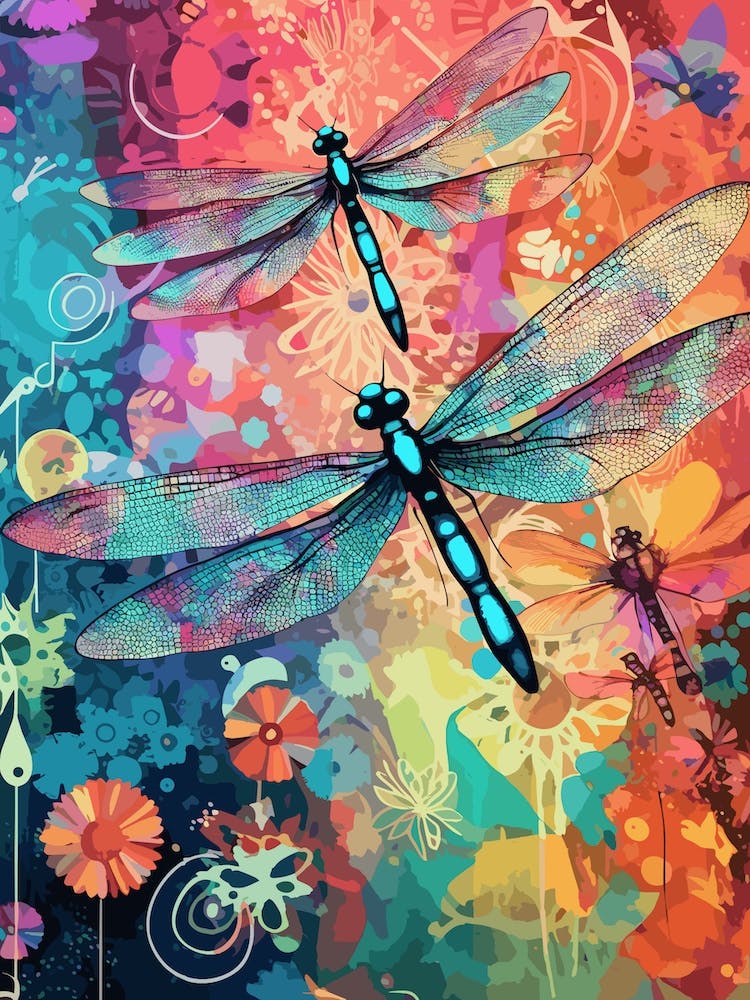 Dragonfly Collage Bright Colours 7