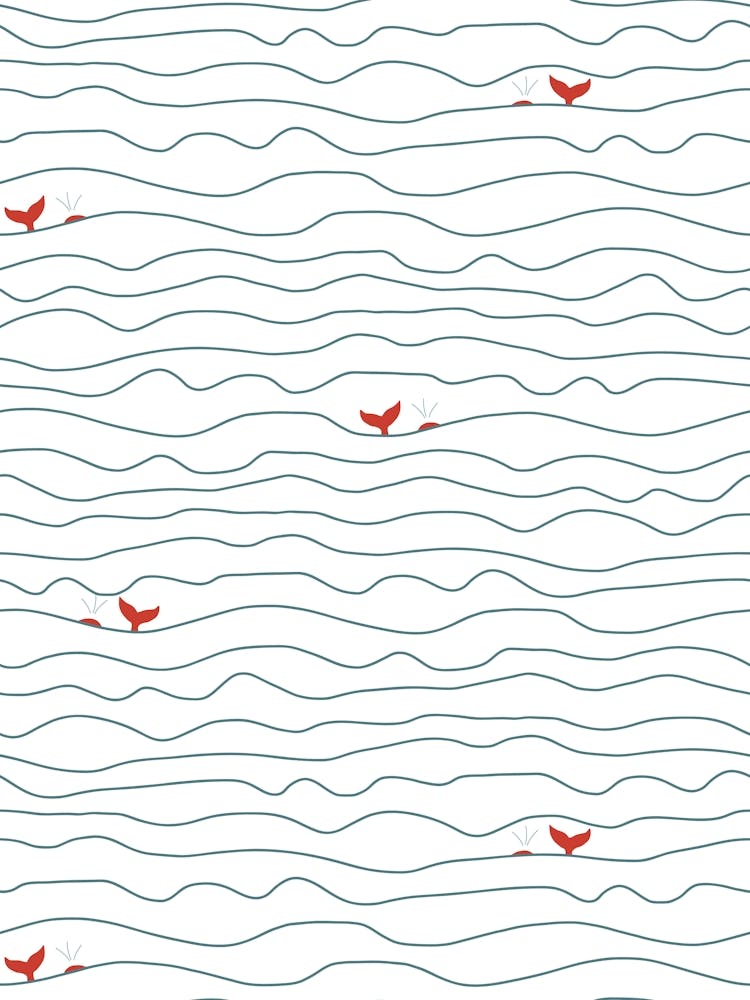 Wavy Ocean Lines with Hidden Whales Red Blue White