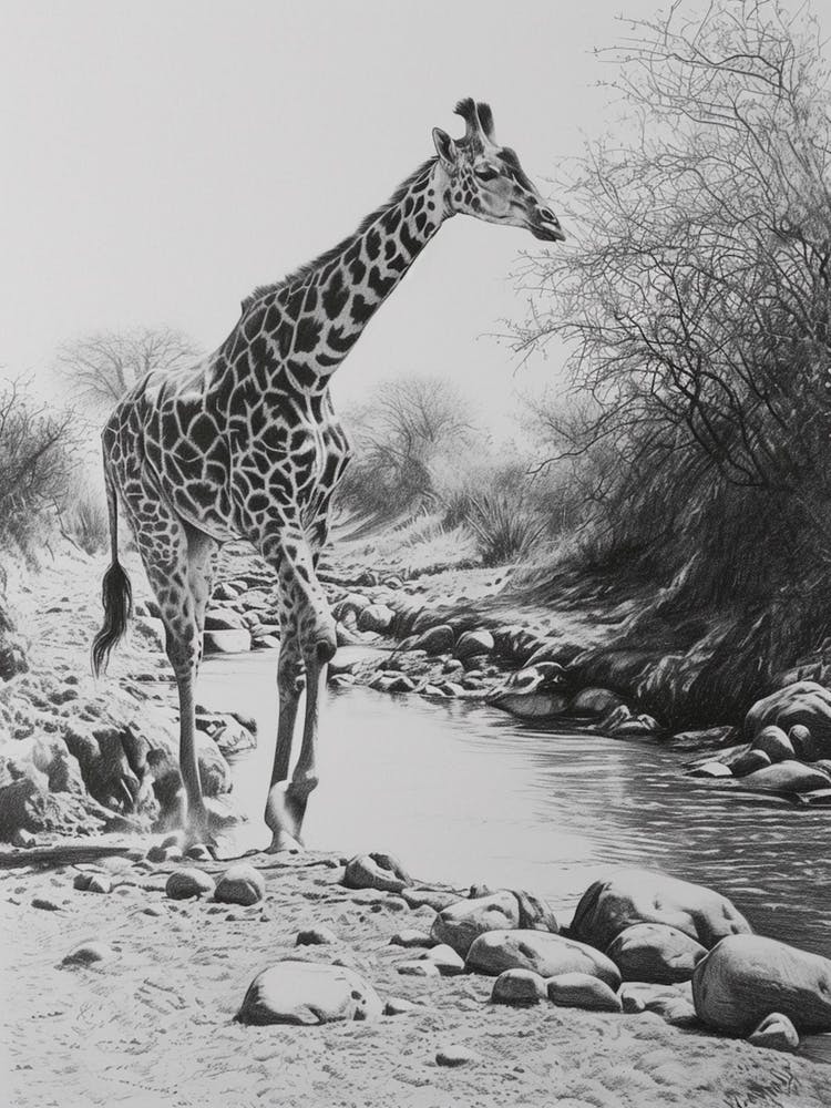 Giraffe In The River Pencil Drawing 3