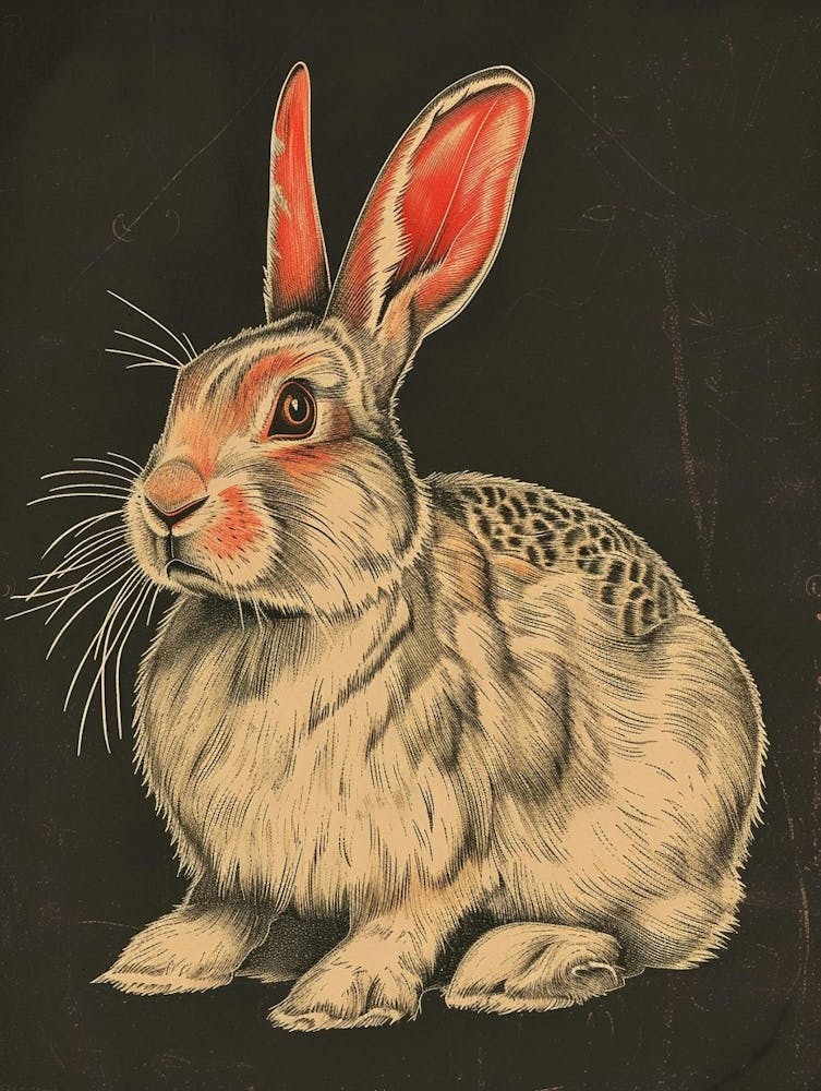 English Angora Blockprint Rabbit Illustration 1