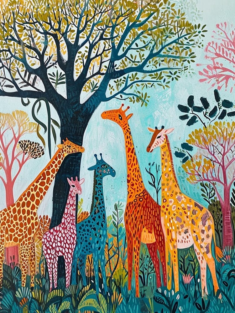 Cute Giraffe Herd Under The Trees Illustration 1