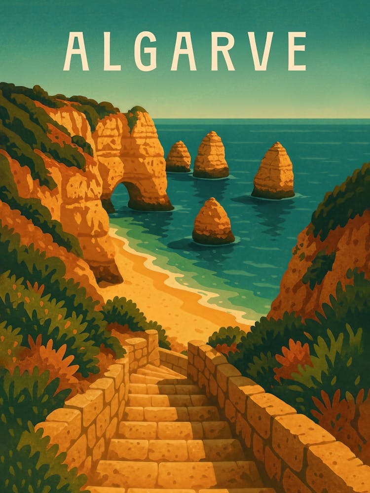 Algarve Travel Poster Portugal – Cliffs & Atlantic Beach Trails: This scenic Algarve travel poster captures Portugal’s rugged coast, warm trails, and sunny beach views. Perfect for nature lovers, summer travelers, and wanderers drawn to ocean cliffs.