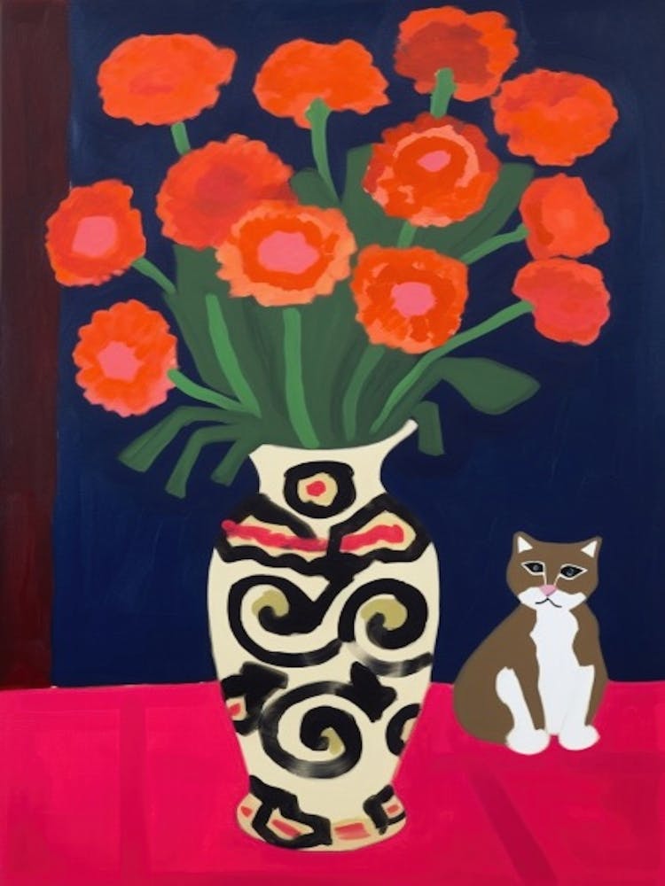 A Painting Of A Still Life Of A Carnations With A Cat In The Style Of Matisse 4