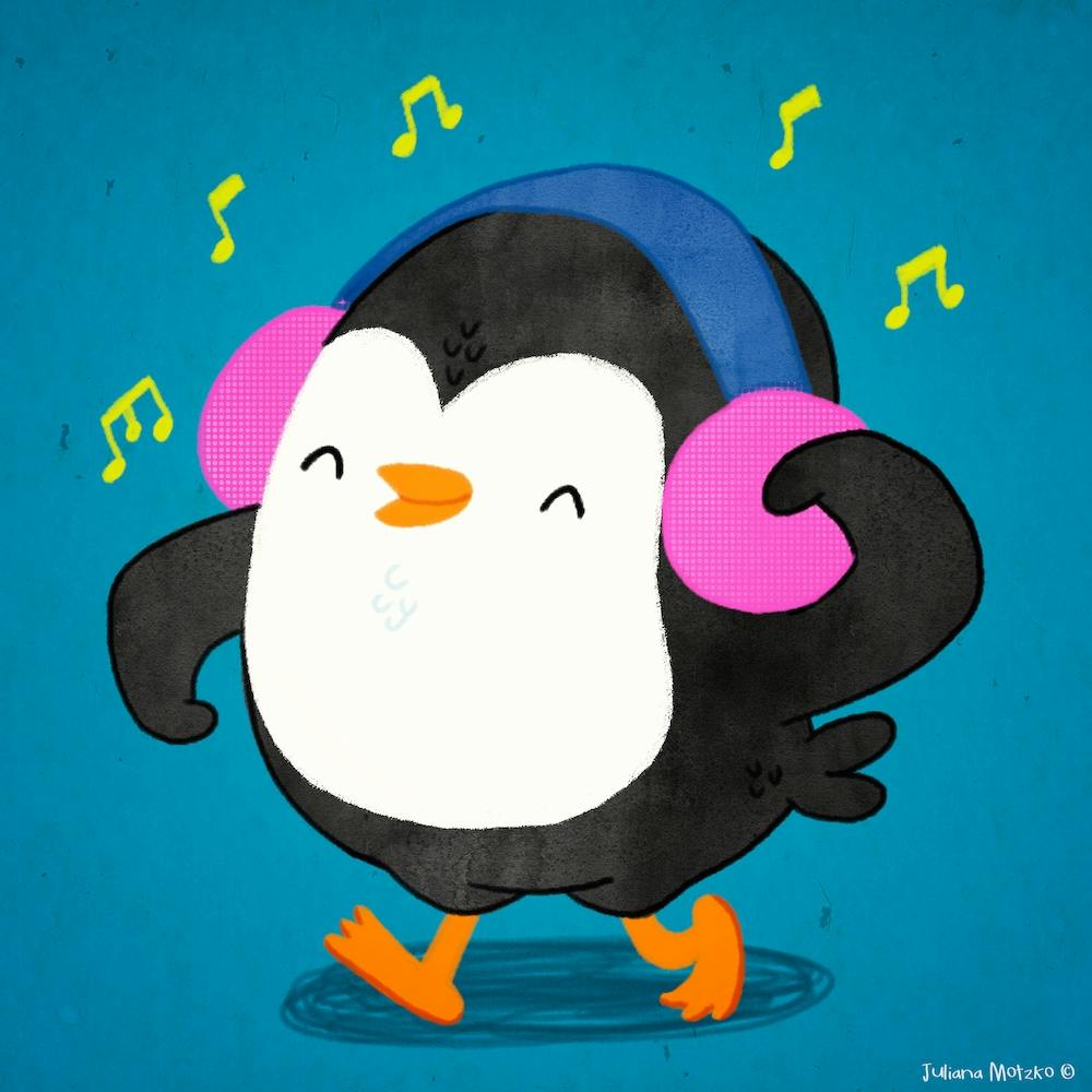 Happy Penguin Listening Music With Headphone