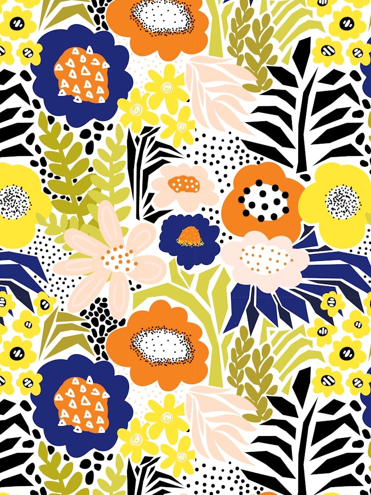 Paper Cut And Doodle Floral Collage Yellow Navy Peach Orange