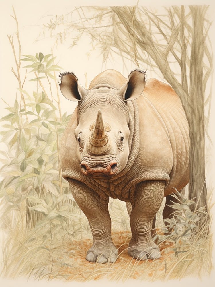 Rhino In The Leaves Vintage Illustration 3