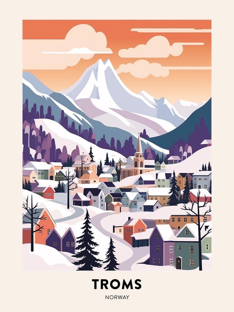 Vintage Winter Travel Poster Troms Norway