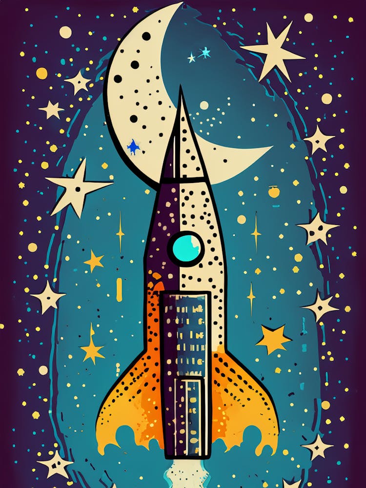 Whimsical Rocket Launch with Moon and Stars