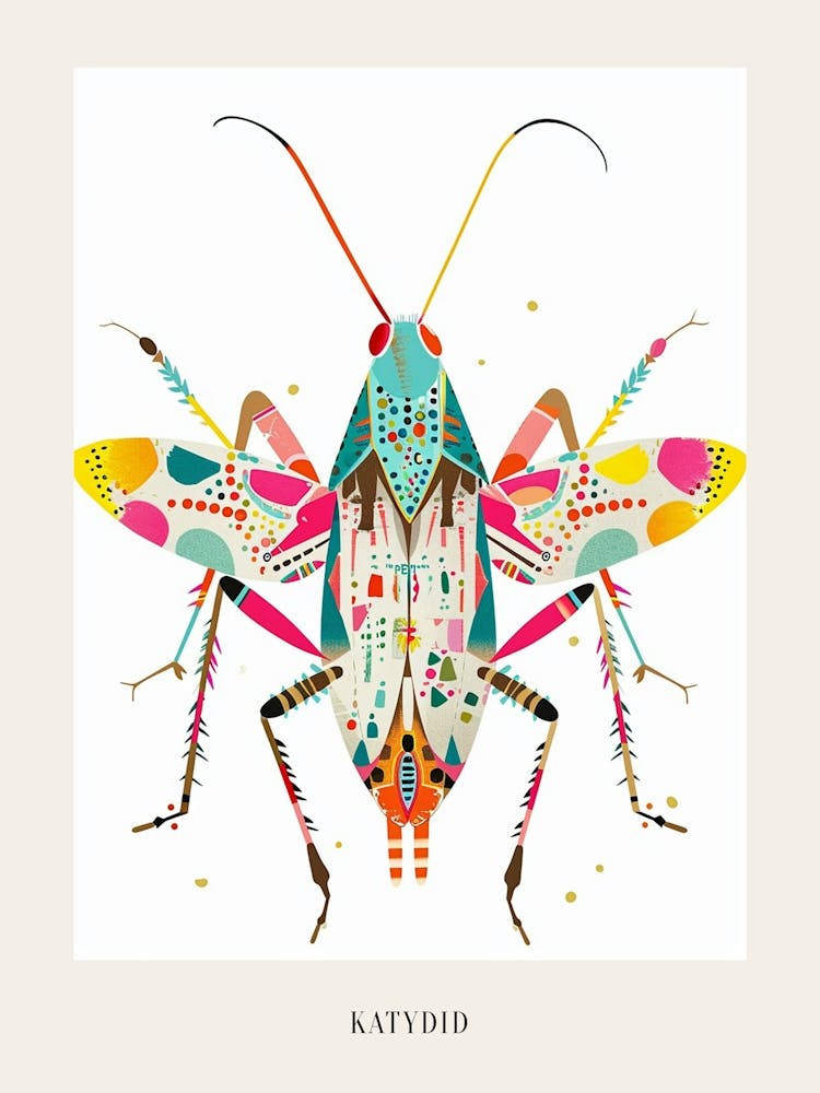 Colourful Insect Illustration Katydid 2 Poster