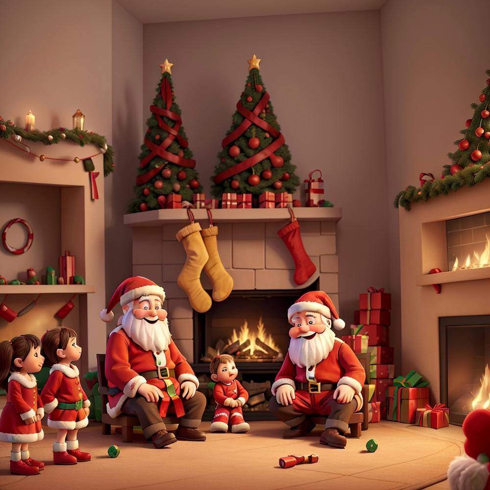 Santas sitting together with elves