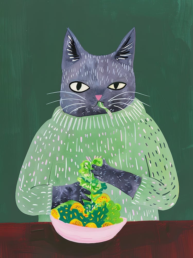 Blue Cat Eating Salad Folk Illustration 3