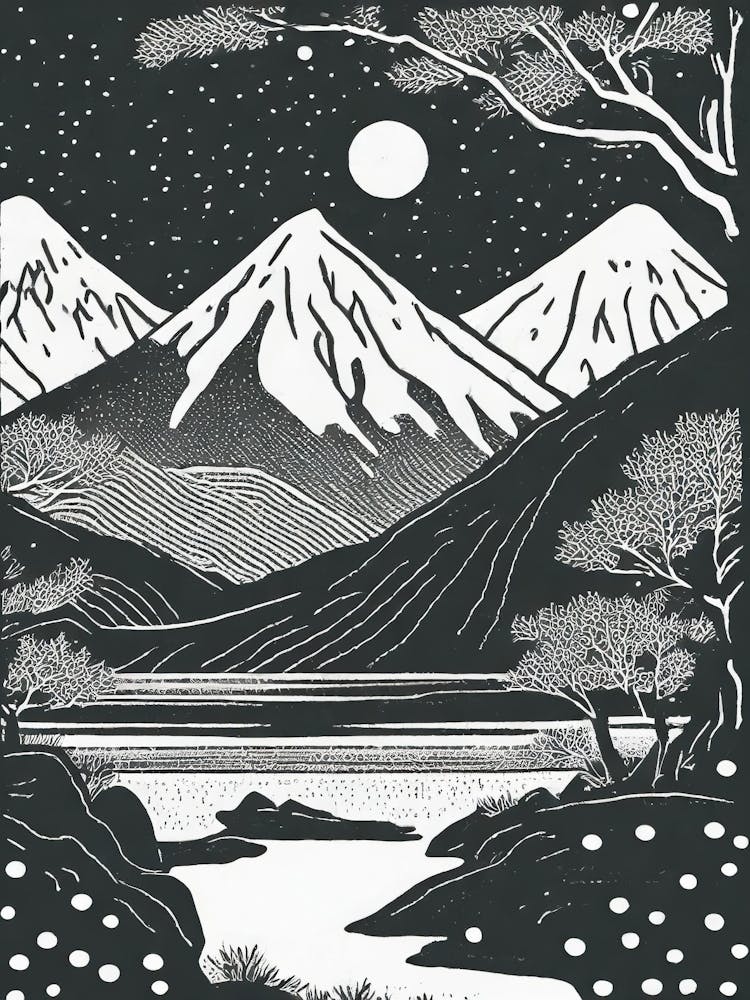 A Winter Evening In A Mountain Onsen Linocut