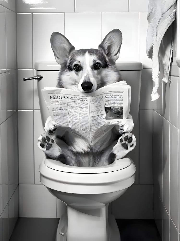 Corgi Reading Newspaper On Toilet