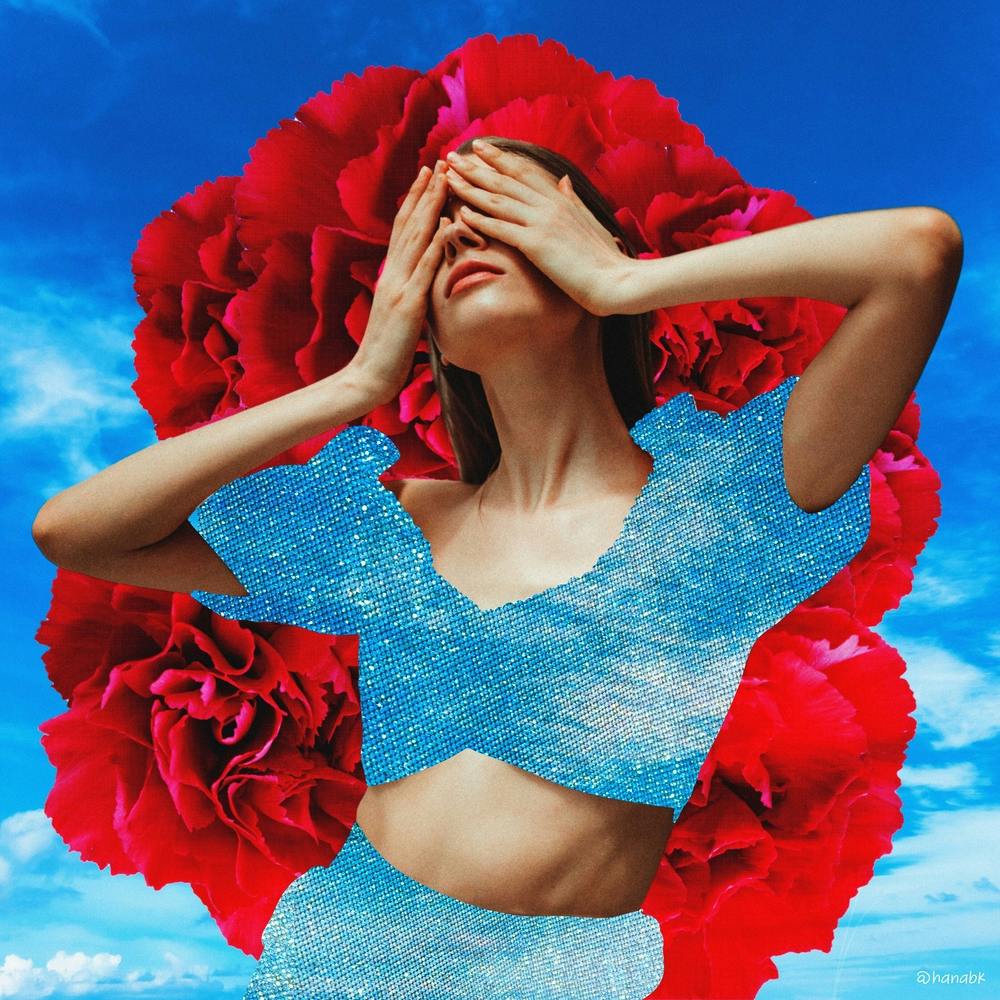 Art Rose Sky Model Collage Blue & Red Square