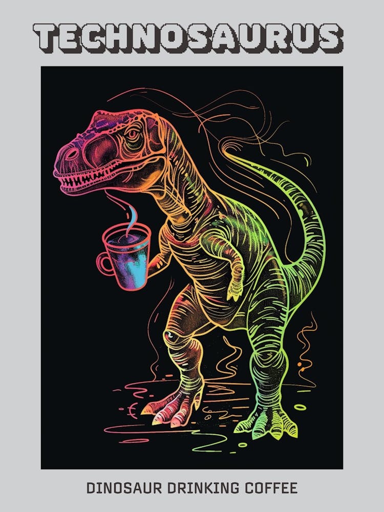 Neon Dinosaur Drinking Coffee Poster