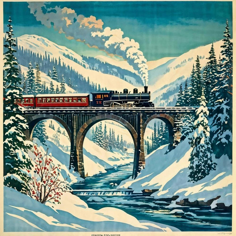 An Advertising Poster Cutout Style Featuring An Antiquated Steam Train Dynamically Crossing A Curv 3