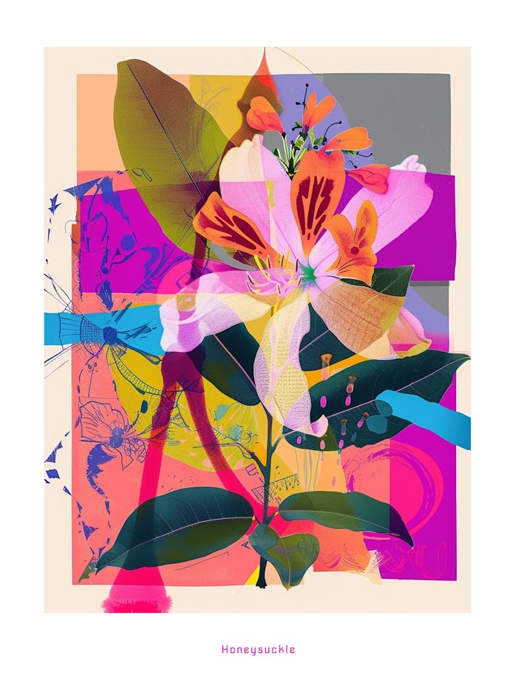Honeysuckle 2 Neon Flower Collage Poster