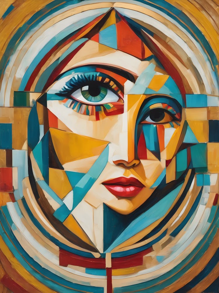 Which - Abstract Art Deco Geometric Shapes Oil Painting Modernist Picasso Inspired Bold Gold Green Turquoise Red Face Visionary Fantasy Style Wall Decor Surrealism Trippy Cool Room Art Invoke Psychedelic