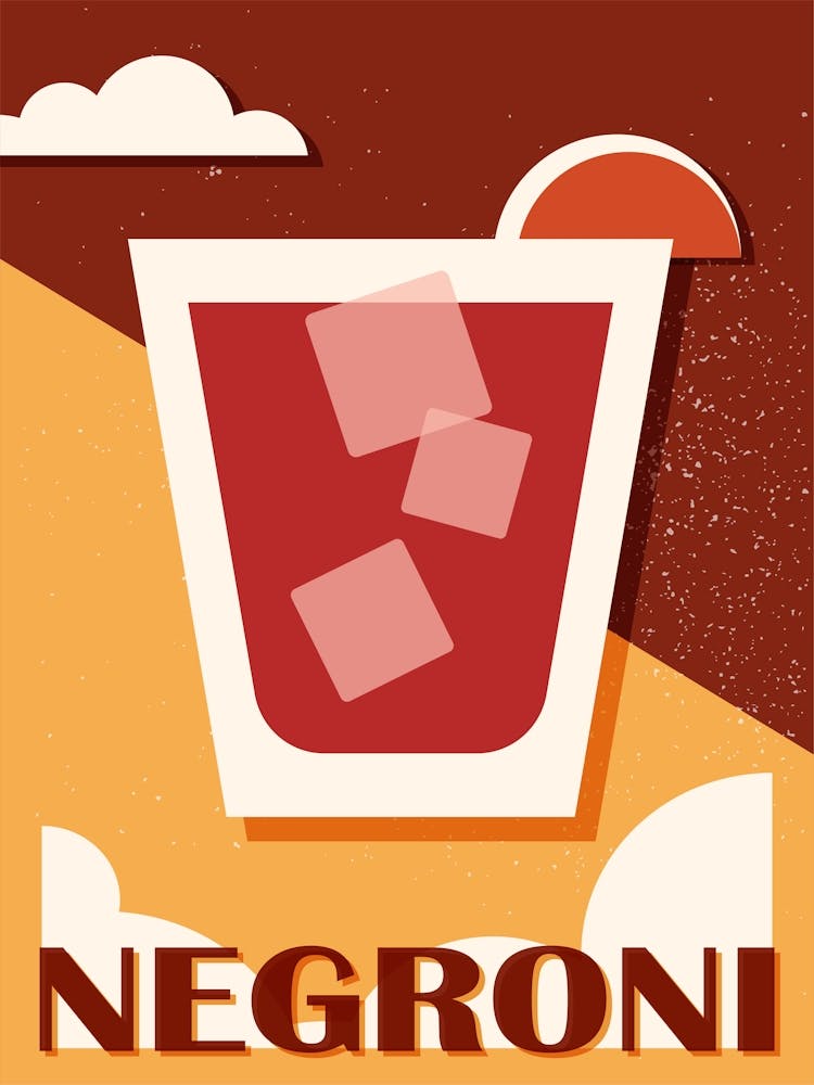 Negroni art print, Cocktail alcohol poster, Retro 70s