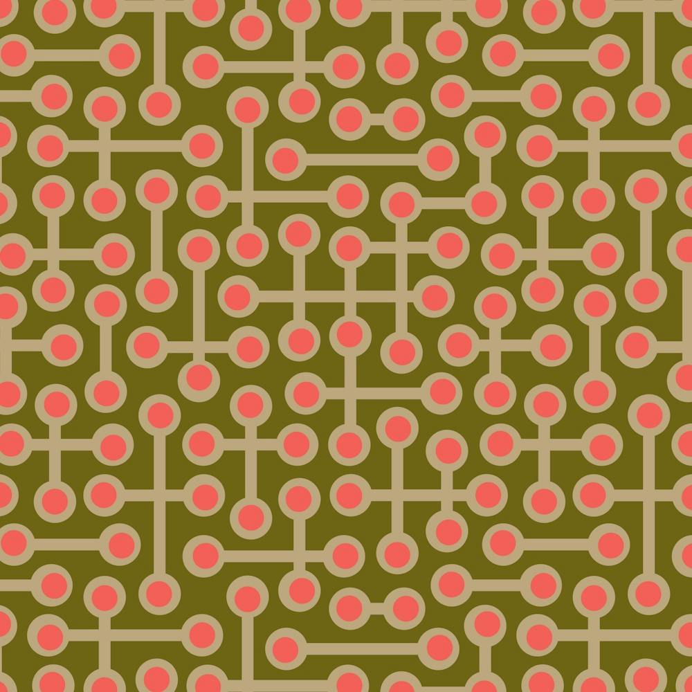 CIRCUITS Retro 1970s Mid Century Abstract Geometric Groovy Polka Dot in Vintage Pink and Beige on Olive Green