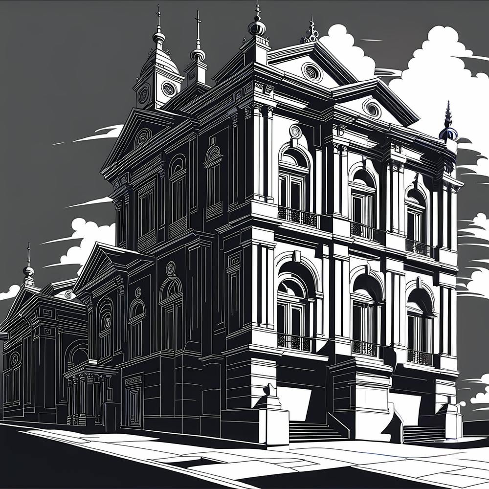 Viktorianisches Gebäude, Schwarz-Weiß monochrome Kunst