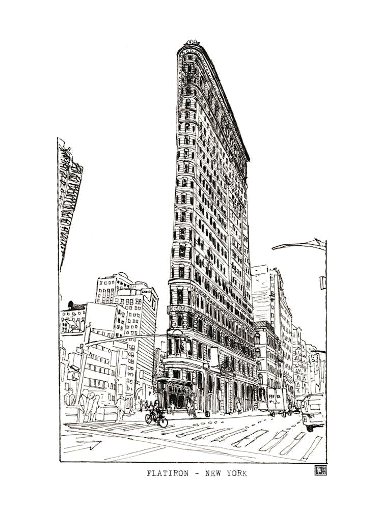 Flatiron Building NYC - Cityscape Wall Art - Black Fine Line Illustration - New York Wall Decor & Poster
