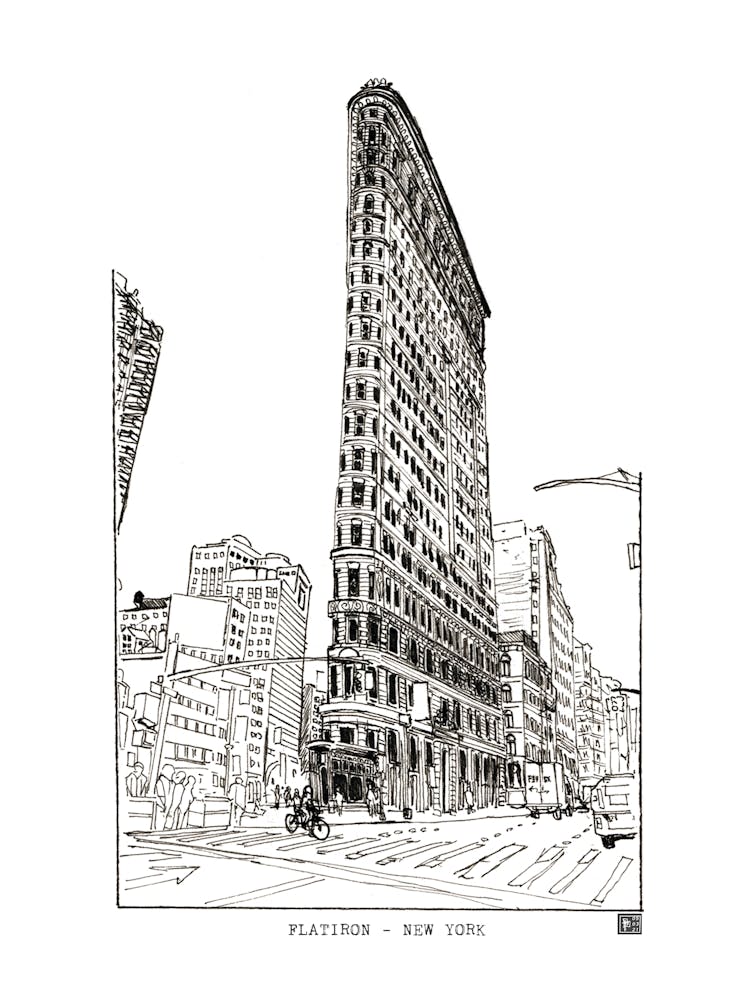 Flatiron Building NYC - Art Mural Urbain - Illustration À Trait Fin Noir - Décor Mural New York & Affiche