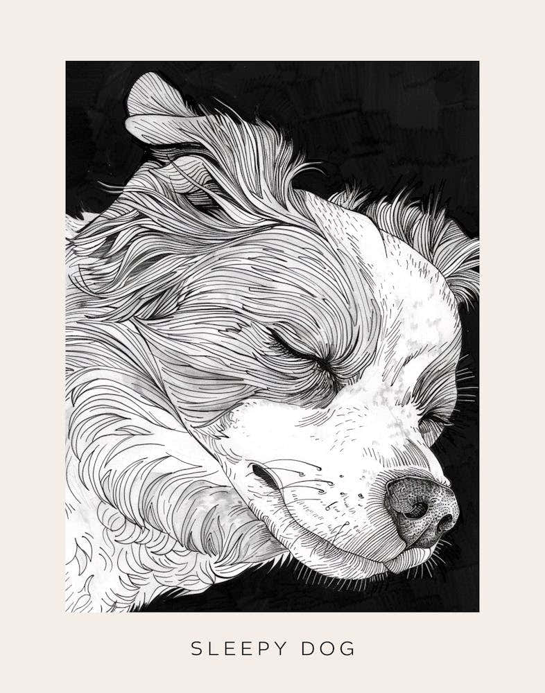 Sleepy Dog Line Art Black Background Poster