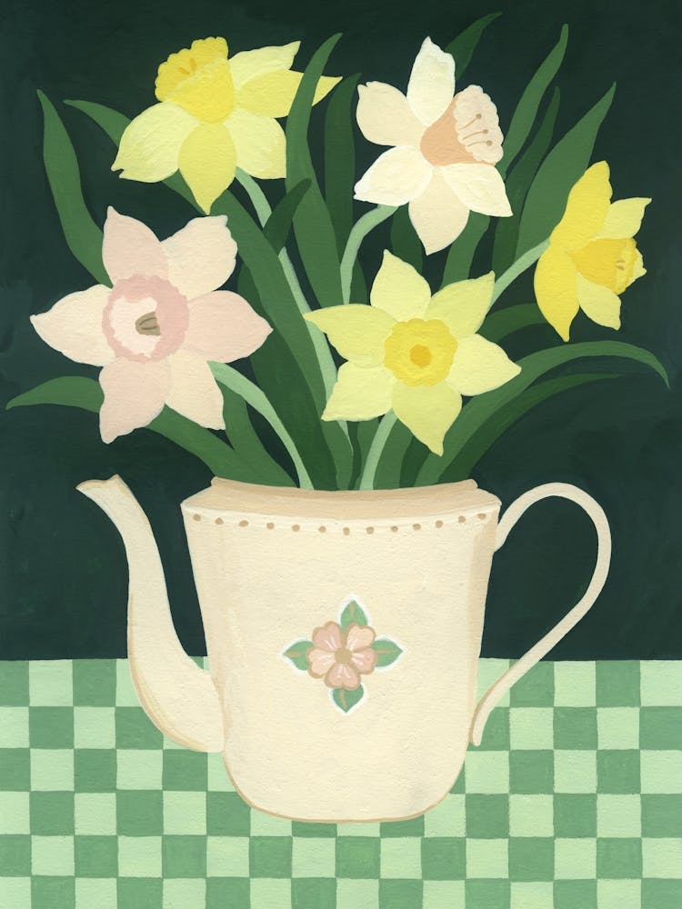 Daffodil Bouquet Vintage Teapot Painting