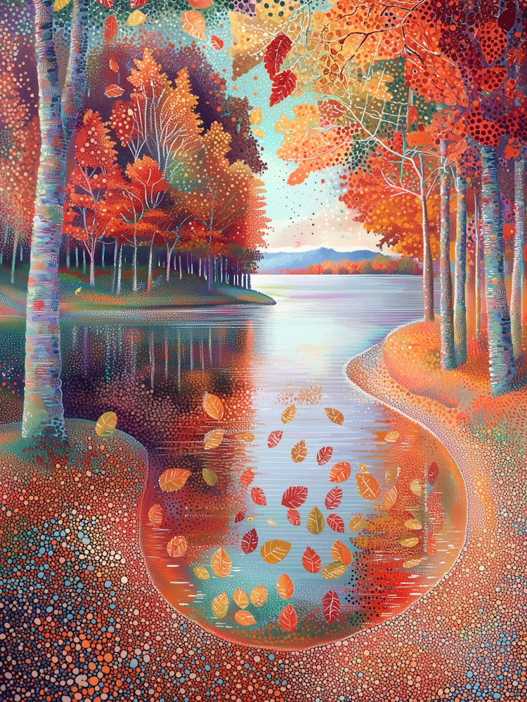 Herbstfluss-Szene Im Pointillistischen Stil Plakat