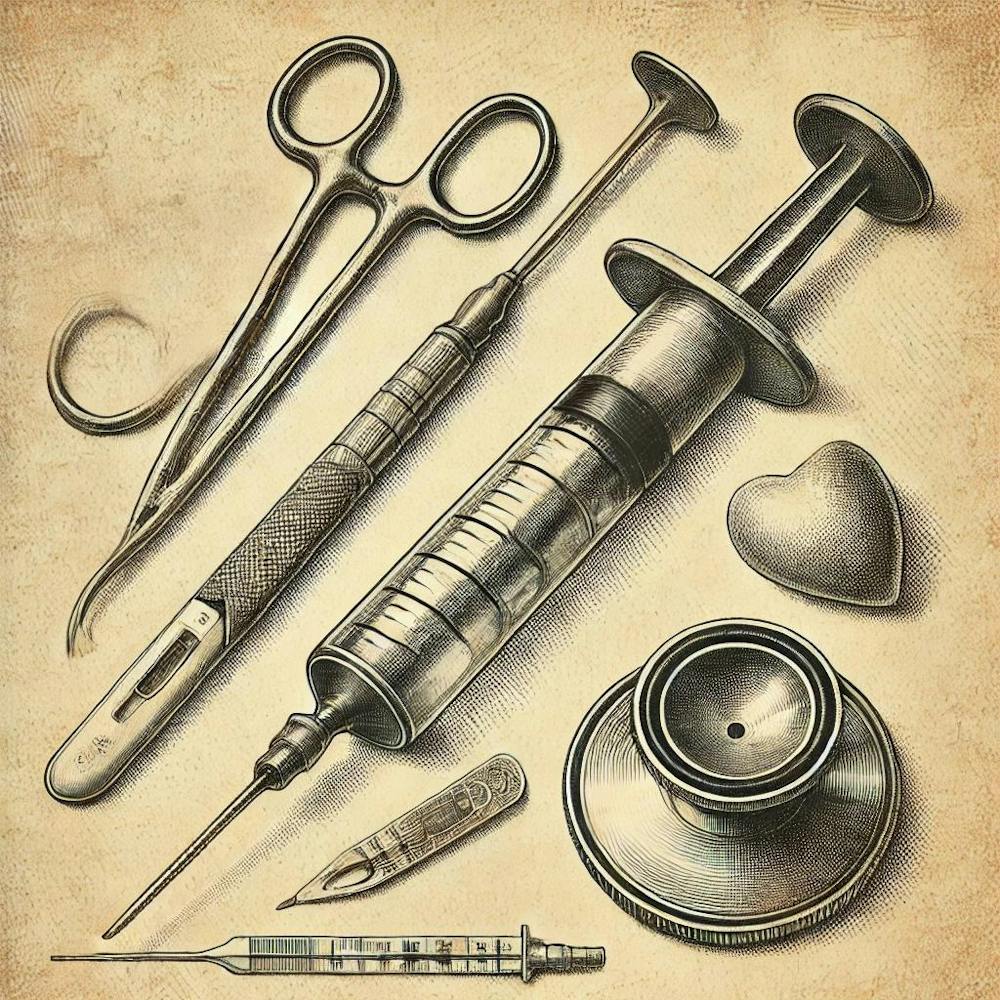 Hand Crafted Vintage Medical Instruments Printed Art An Artistic Depiction Of Classic Medical Tools, Perfect For Bringing A Touch Of Medical History And Craftsmanship To Any Space Printed Art