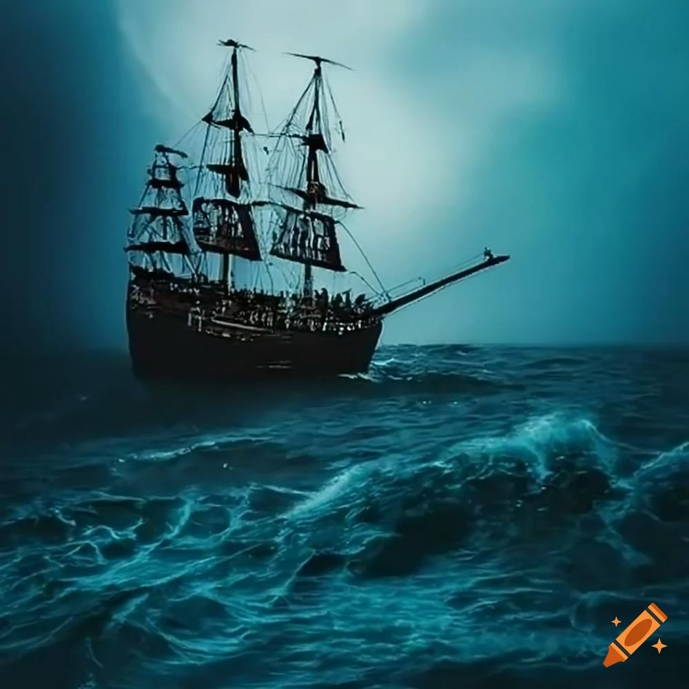 Craiyon 131542 Navire Pirate Naviguant Sur Une Mer Déchaînée