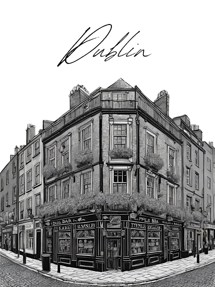 Dublin Temple Bar, Dublin Pub, Black And White Illustration