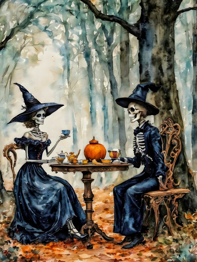 Tea for the Dead ~ Witchy Gothic Skull Skeleton Couple Watercolour