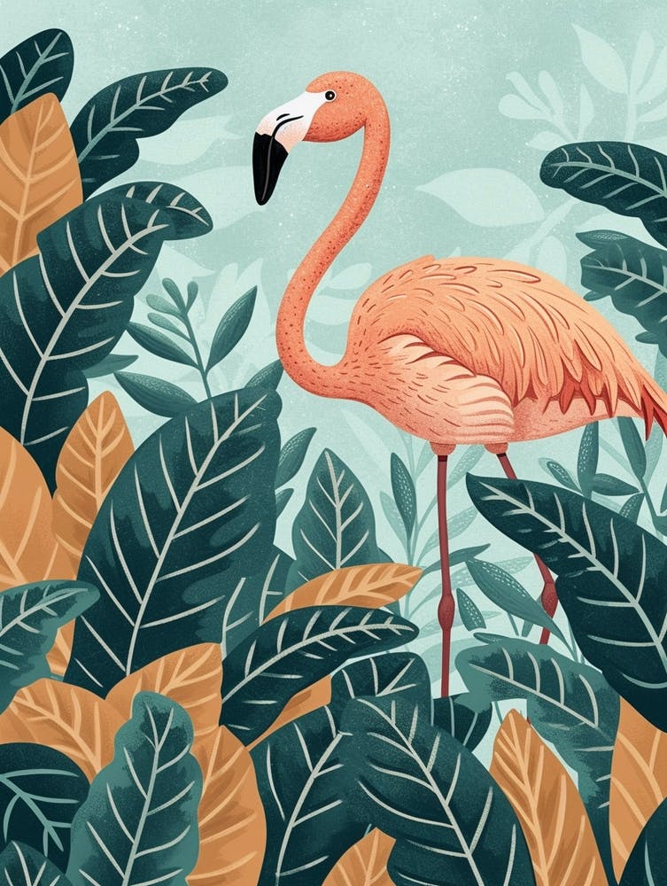 Andean Flamingo And Philodendrons Minimalist Illustration 2