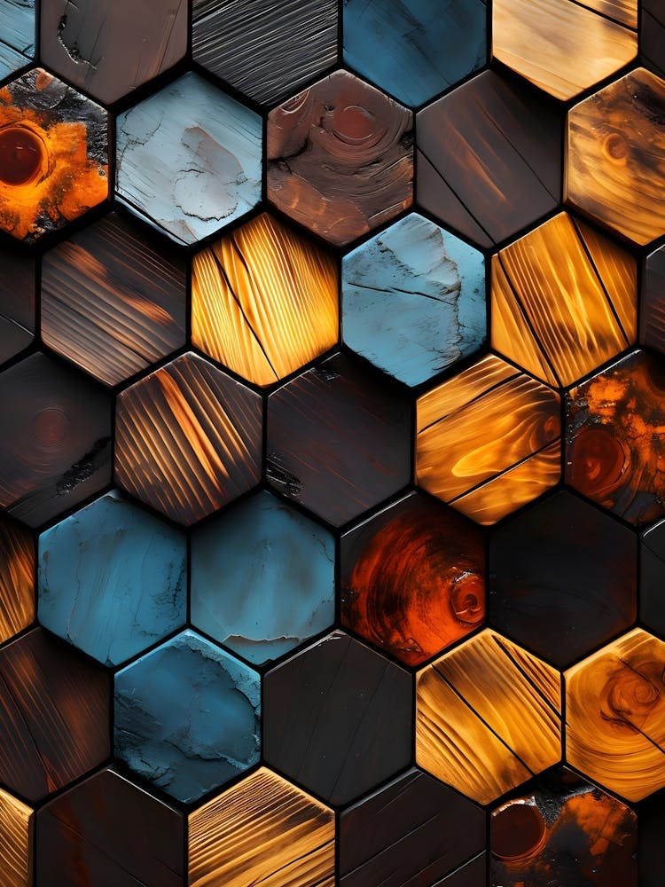 Hexagonal wooden tiles in a rich color palette, featuring deep browns, vibrant oranges, and cool blues.