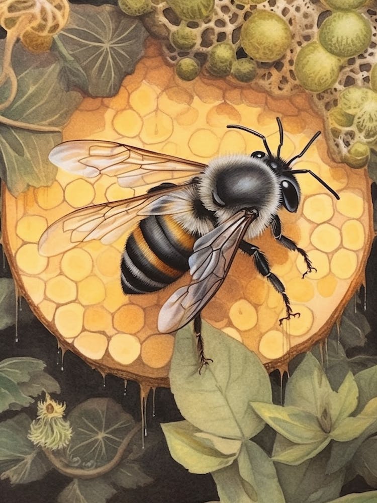 Half Black Leafcutter Bee Beehive Watercolour Illustration 3