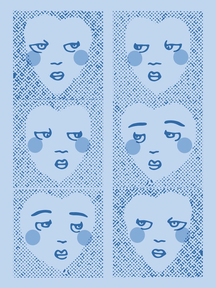 whimsical heart-shaped face design - soft blue - vintage whimsigoth aesthetic