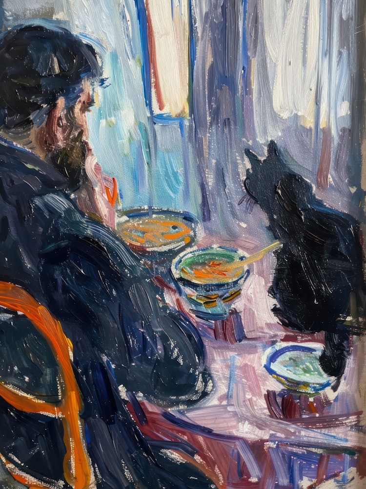 Portrait Of A Man With Cats Eating Ramen  3