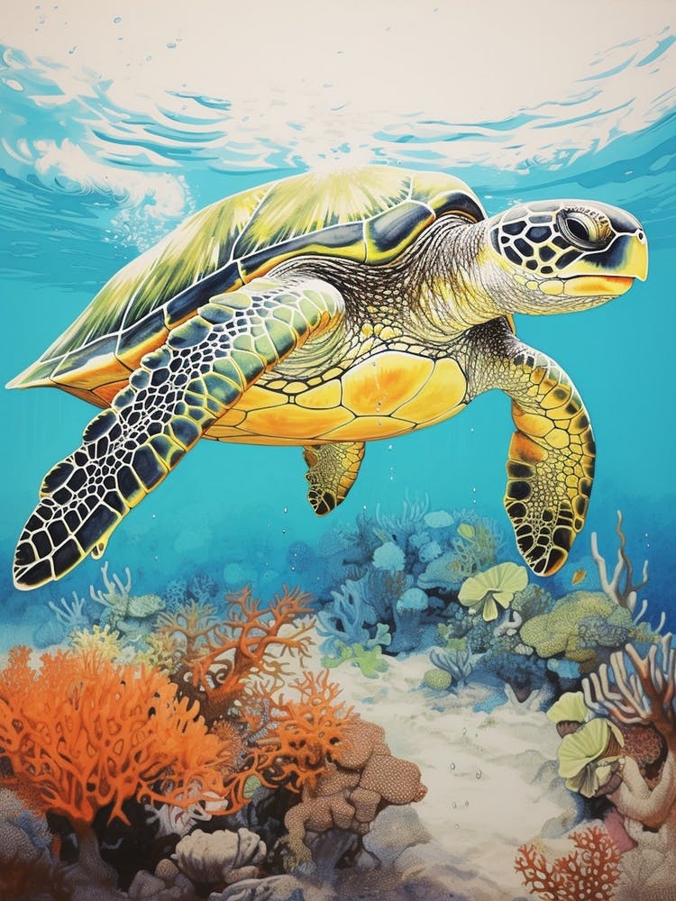 Sea Turtle In The Ocean Linograph Illustration 6