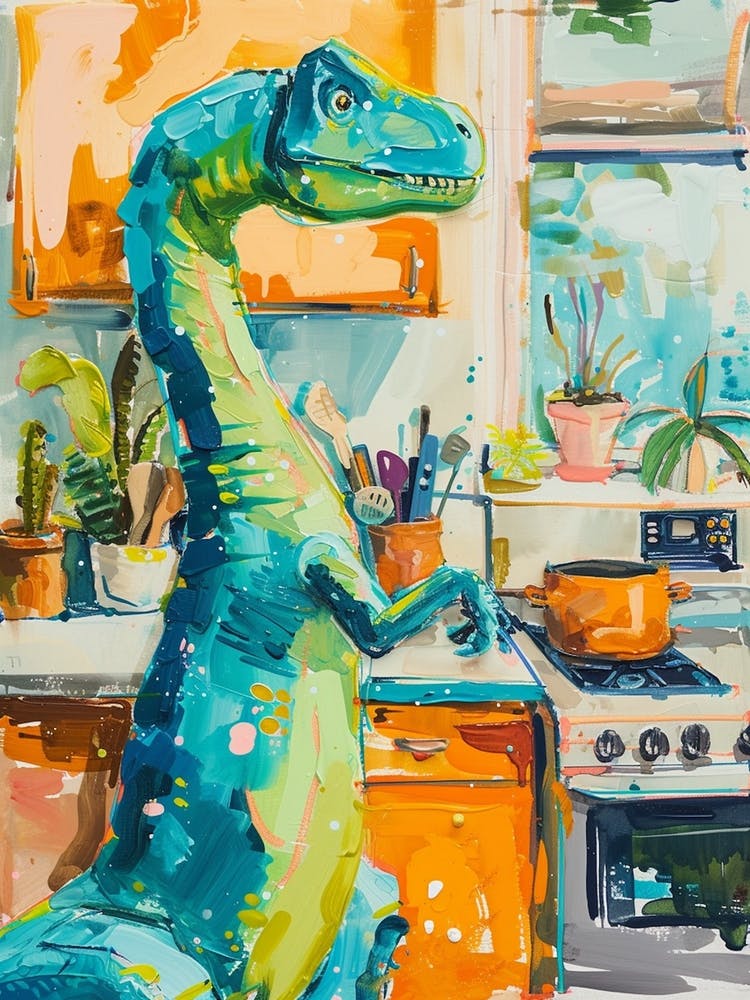 Dinosaur Cooking In The Kitchen Blue Brushstrokes 3