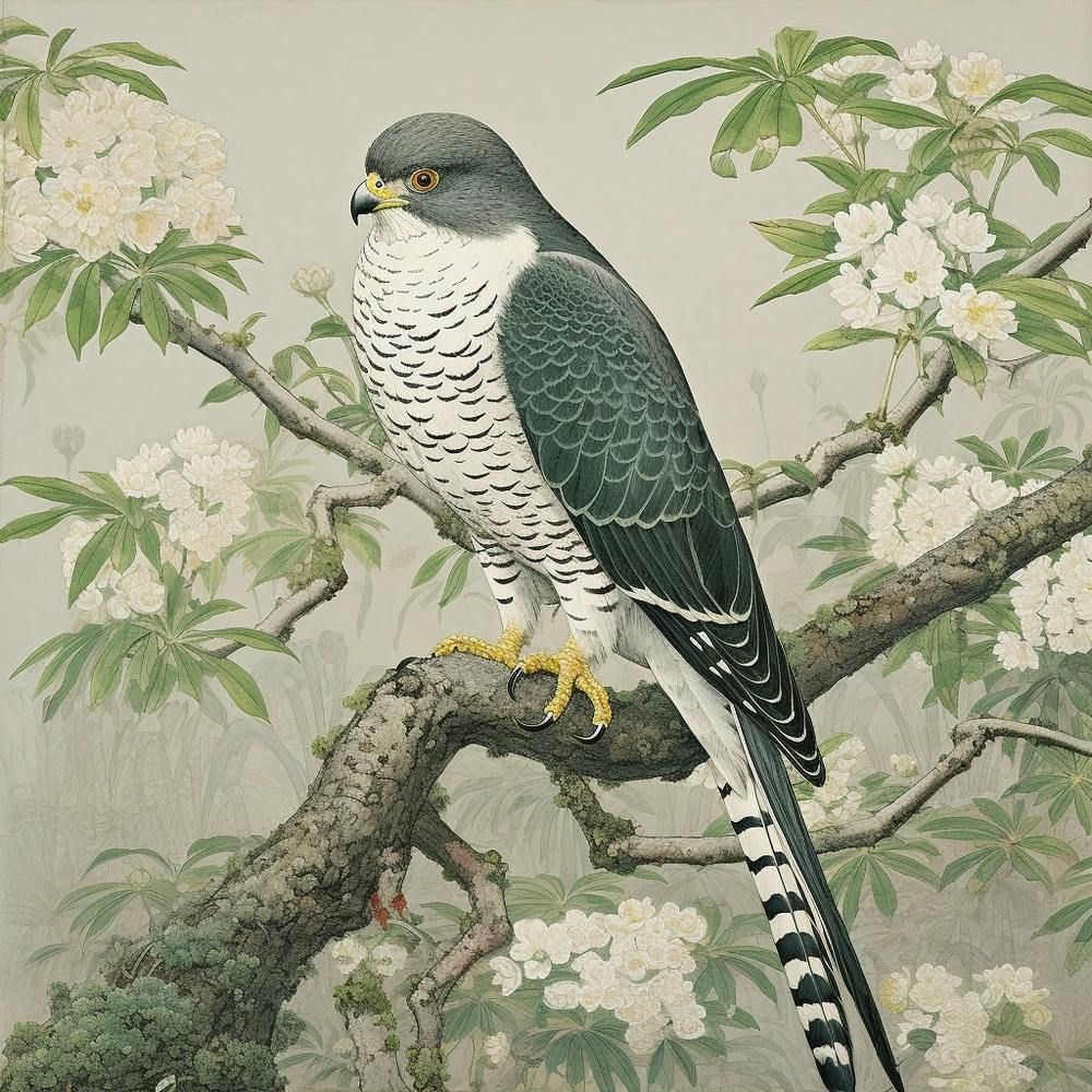 Ohara Koson Inspired Bird Painting Eurasian Sparrowhawk 1 Square