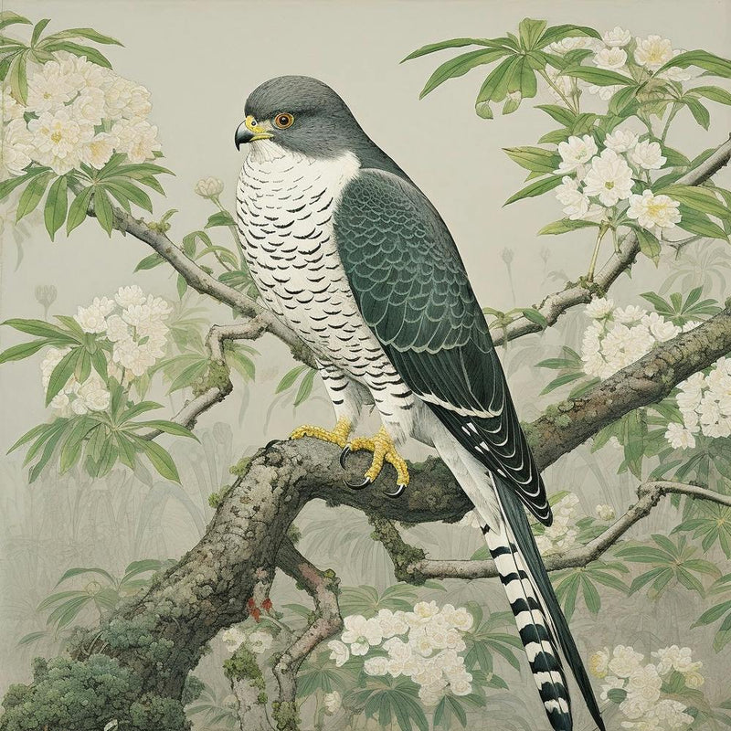 Ohara Koson Inspired Bird Painting Eurasian Sparrowhawk 1 Square