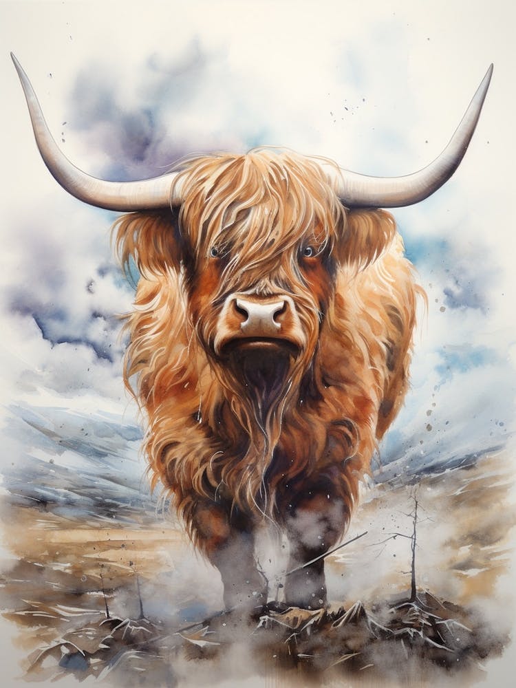 Watercolour Of Highland Cow In The Storm 1