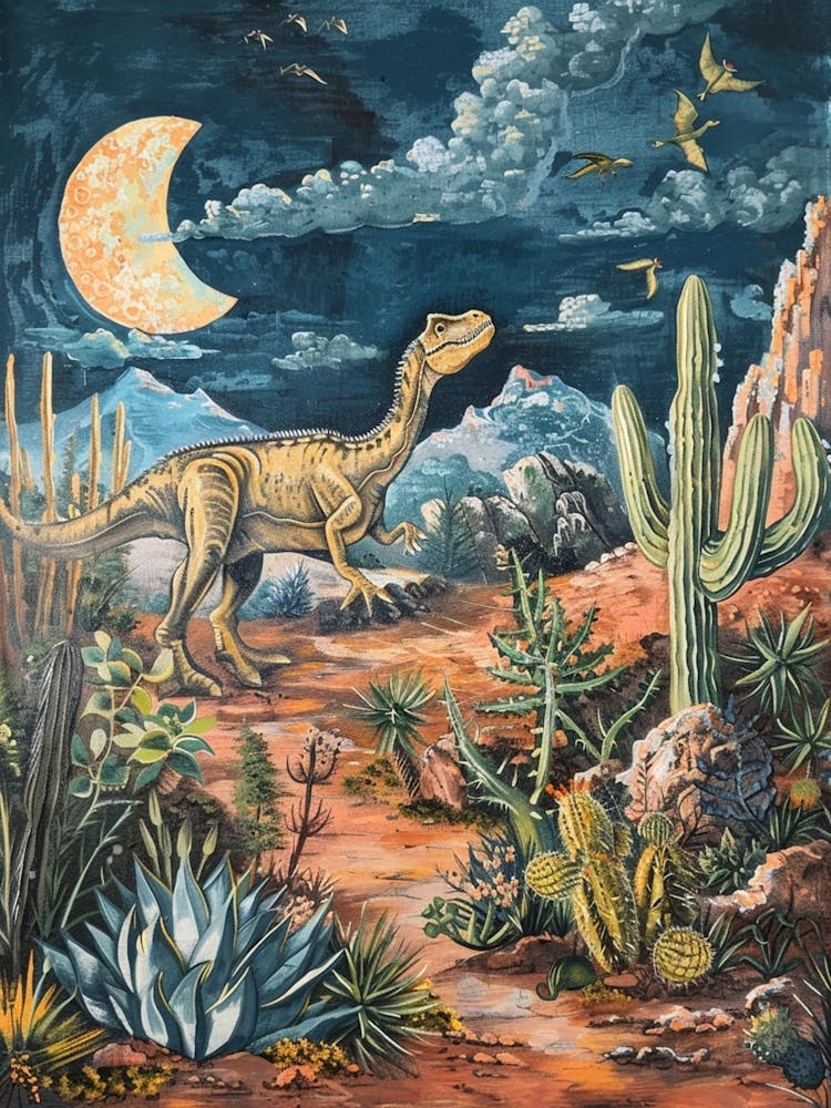 Dinosaure Dans Le Désert La Nuit Peinture