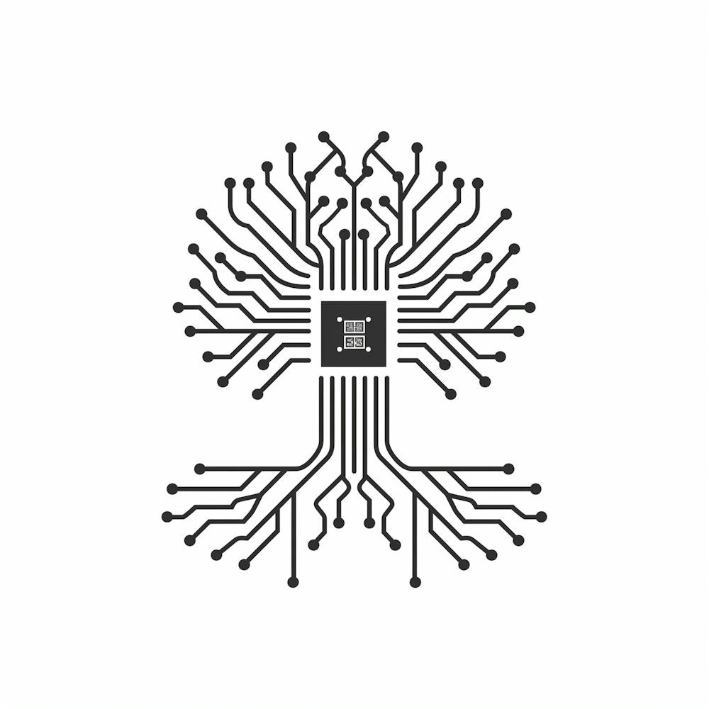 Design A Simple Logo, Vector Art Logo, Flat Design, 2d, Minimalist Logo, Wide Branches, Branches Growing From The Chip In The Middle Of Crown, Featuring A Whole Ash Tree Made Of Circuit Board Components With An Extensive Root Network
