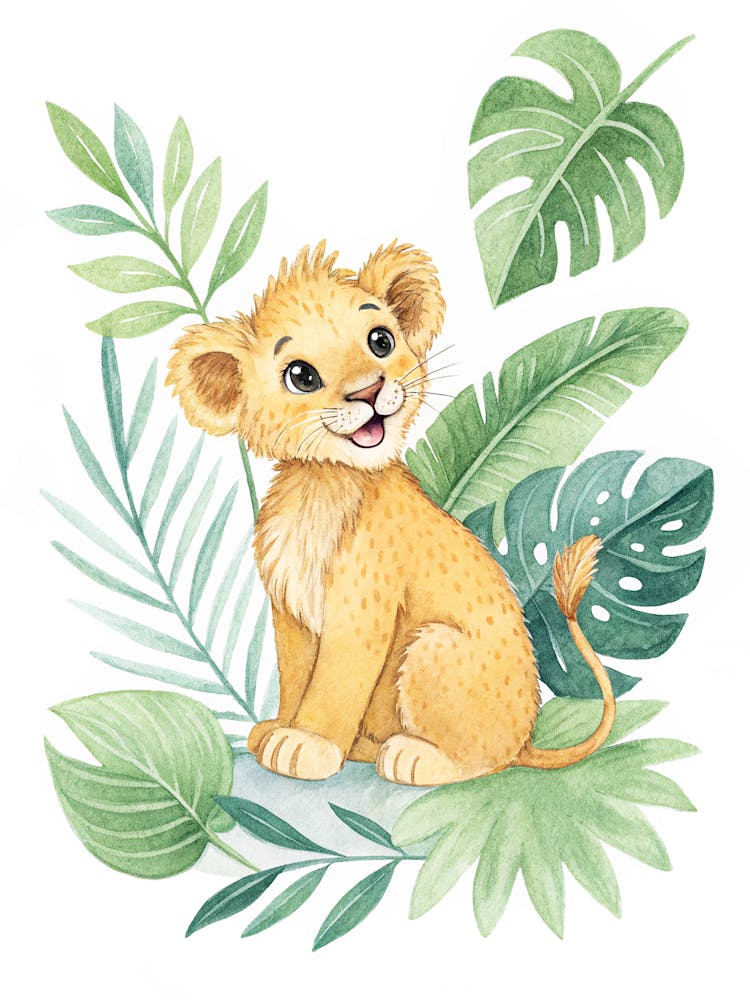 Baby Lion Cub Sitting Among Soft Tropical Leaves In A Watercolor Art Style