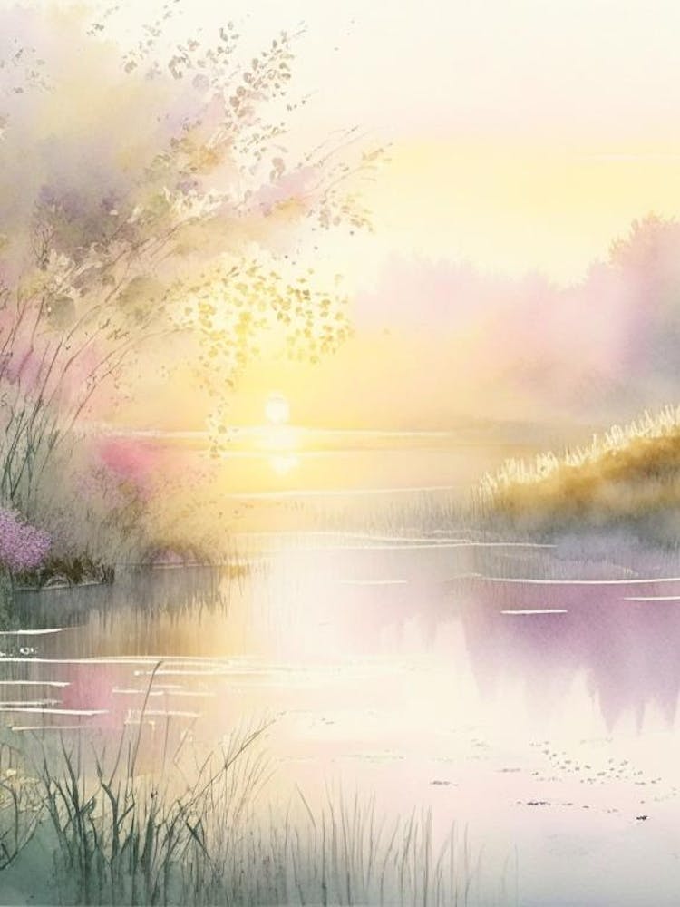 Sunrise Over Pond Waterscape Gouache 2