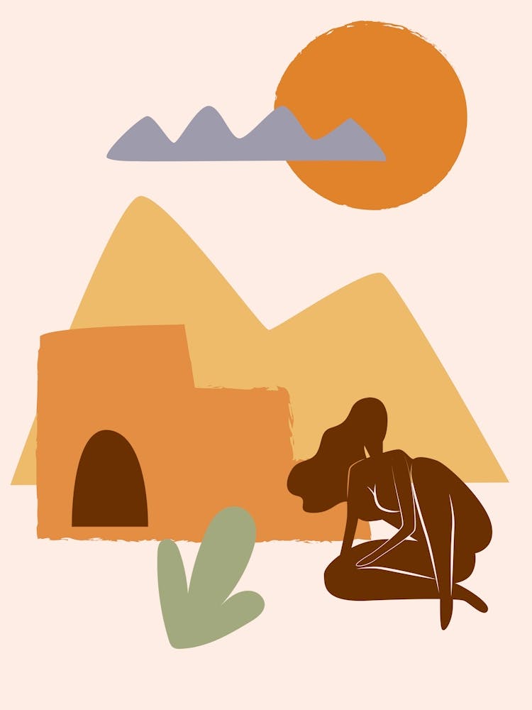 Egyptian Woman. Woman and Desert - boho travel pastel vector minimalist